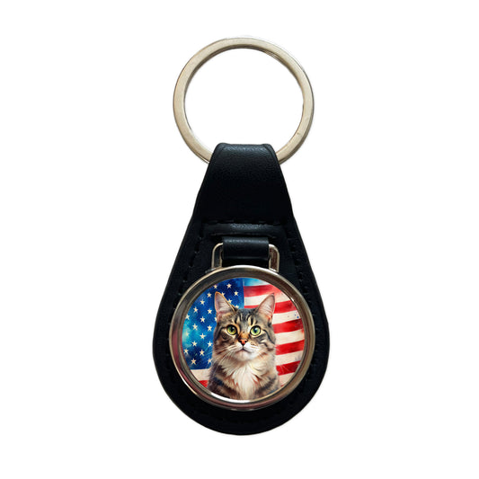 Patriotic Cat Watercolor American Flag Background Black Leather Metal Keychain