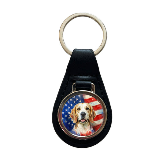 Patriotic Dog Watercolor American Flag Background Black Leather Metal Keychain
