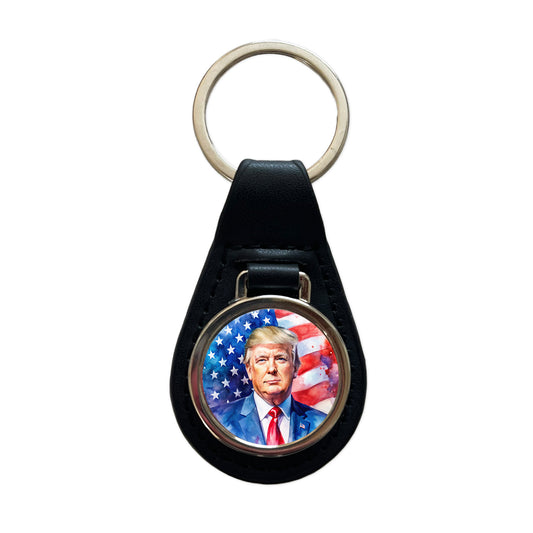 Patriotic Donald Trump American Flag Background Watercolor Black Leather Metal Keychain