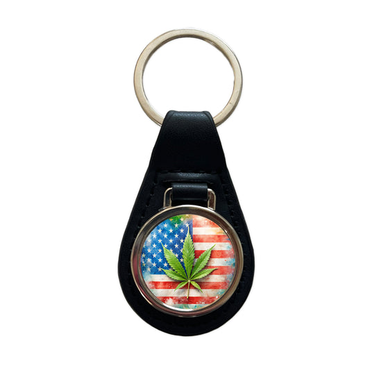 Patriotic Marijuana Leaf on American Flag Background Black Leather Metal Keychain