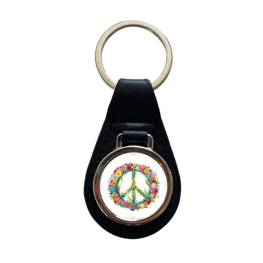 Peace Symbol Floral Watercolor Black Leather Metal Keychain