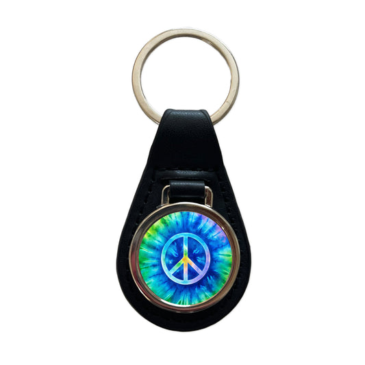 Peace Symbol Rainbow Hippie Tie Dye Background Black Leather Metal Keychain