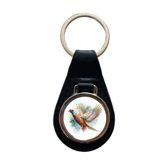 Pheasant In Flight Watercolor Black Leather Metal Keychain