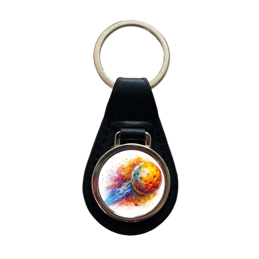 Pickleball Ball Rocketing Through The Air Watercolor Black Leather Metal Keychain