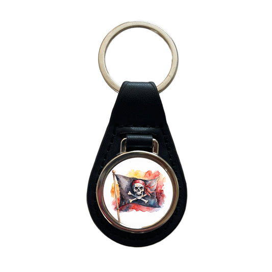 Pirate Jolly Roger Skull Crossbones Flag Watercolor Black Leather Metal Keychain