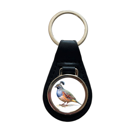 Quail Watercolor Black Leather Metal Keychain