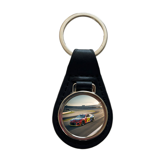 Racing Car Track Black Leather Metal Keychain
