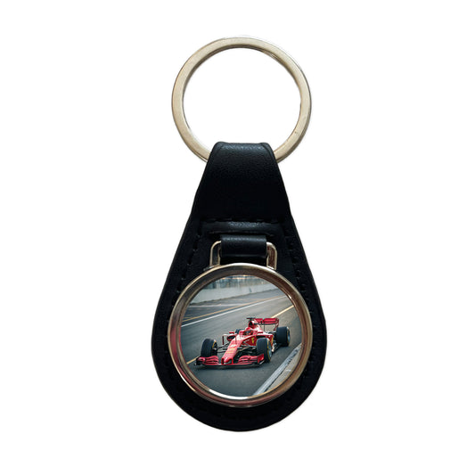 Red Racing Sports Car Black Leather Metal Keychain