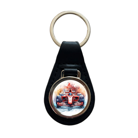 Red Sports Racing Car Watercolor Black Leather Metal Keychain