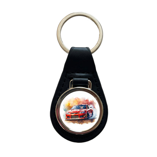 Red Stock Racing Car Watercolor Black Leather Metal Keychain