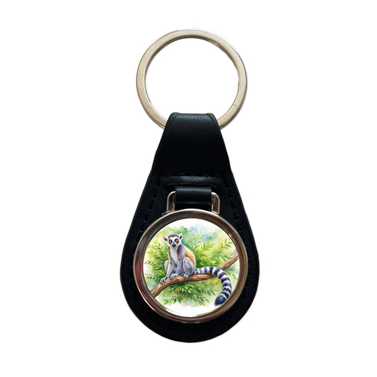 Ring-Tailed Lemur In Tree Watercolor Black Leather Metal Keychain