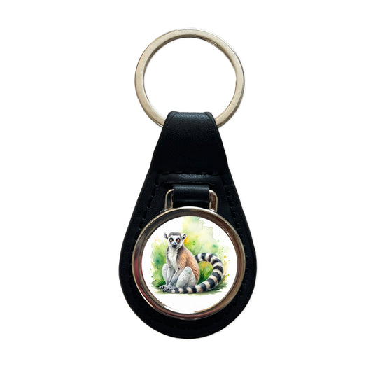 Ring-Tailed Lemur Watercolor Black Leather Metal Keychain