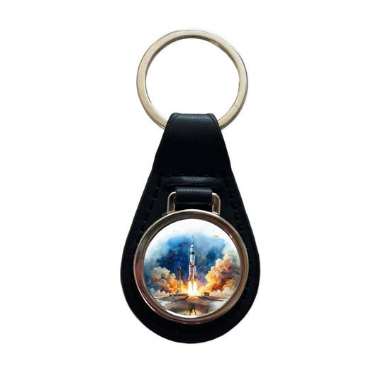 Rocket Spaceship Launch Sci-fi Watercolor Black Leather Metal Keychain