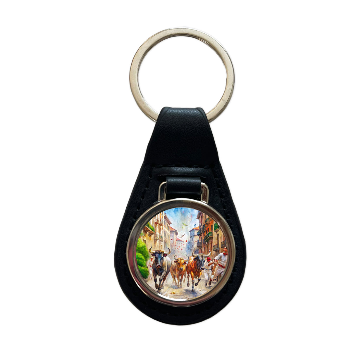 Running of the Bulls in Spain Black Leather Metal Keychain