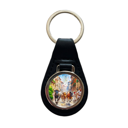 Running of the Bulls in Spain Black Leather Metal Keychain