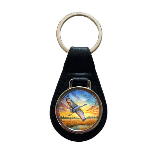 Sandhill Crane In Flight At Sunset Watercolor Black Leather Metal Keychain