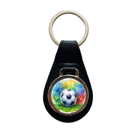 Soccer Ball On Field Watercolor Black Leather Metal Keychain