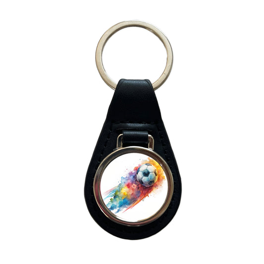 Soccer Ball Rocketing Through The Air Watercolor Black Leather Metal Keychain