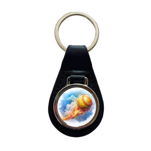 Softball Rocketing Through The Sky Watercolor Black Leather Metal Keychain