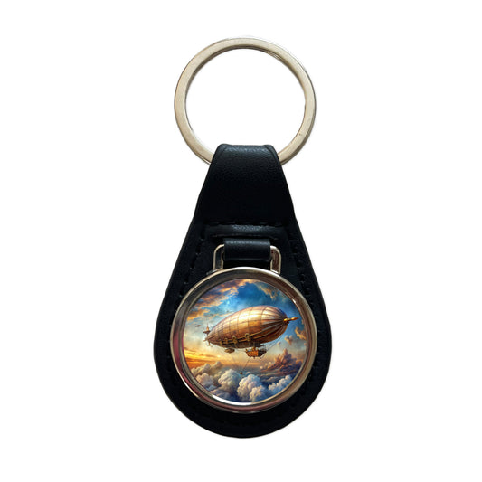 Steampunk Airship Dirigible Flying in Cloudy Sky Fantasy Sci-fi Black Leather Metal Keychain