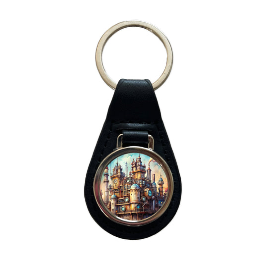 Steampunk Castle City Fantasy Sci-fi Black Leather Metal Keychain