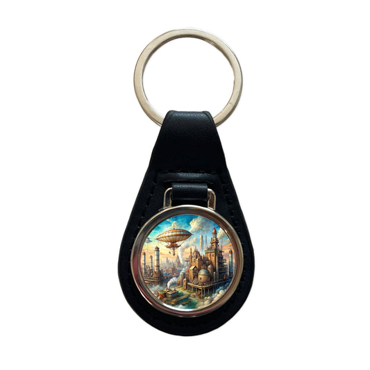 Steampunk City and Airship Fantasy Sci-fi Scene Black Leather Metal Keychain