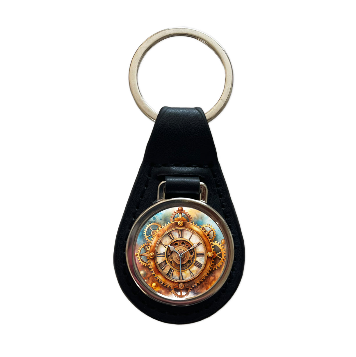 Steampunk Clock Fantasy Sci-fi Watercolor Black Leather Metal Keychain