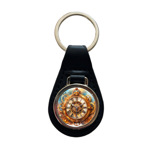 Steampunk Clock Fantasy Sci-fi Watercolor Black Leather Metal Keychain