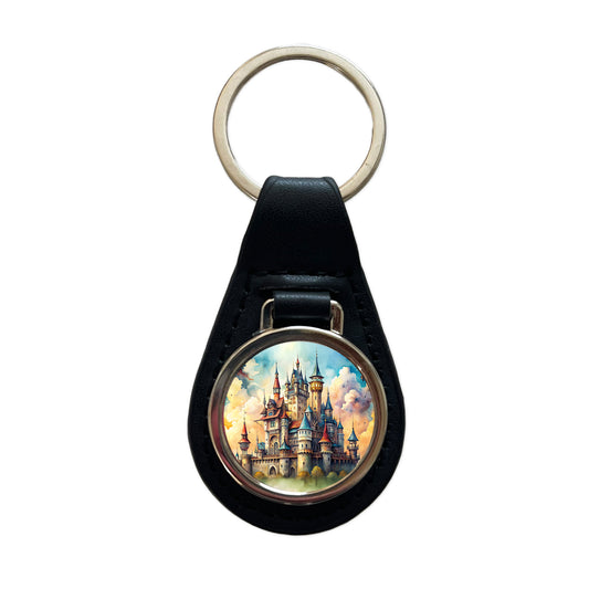 Steampunk Fantasy Castle Watercolor Black Leather Metal Keychain