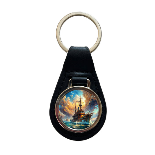 Steampunk Iron Warship Fantasy Sci-fi Watercolor Black Leather Metal Keychain