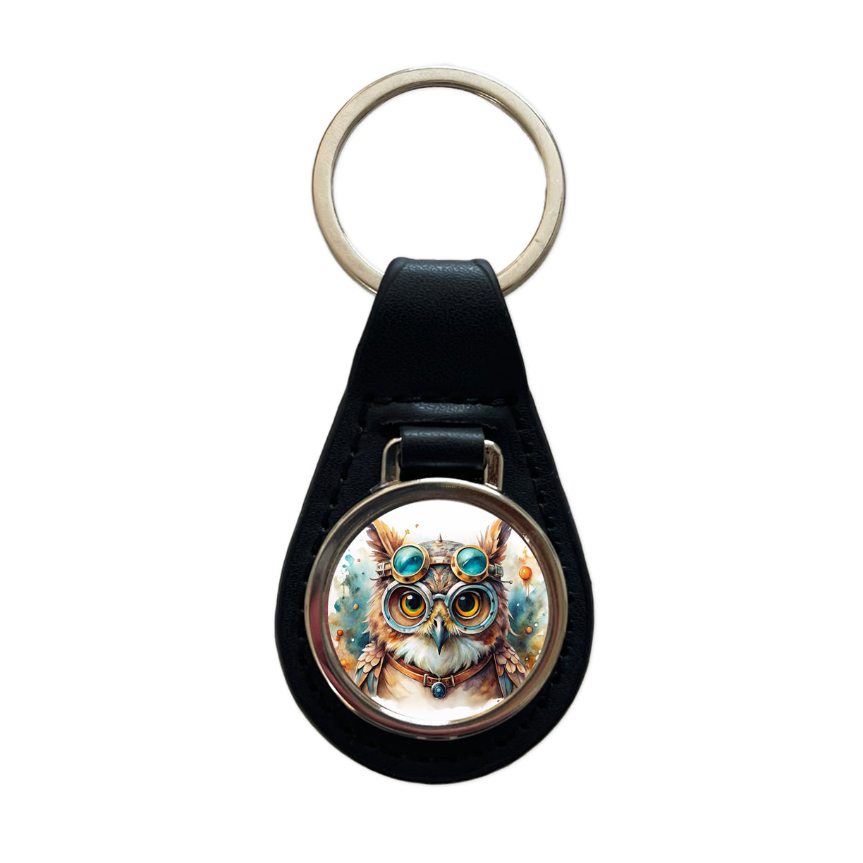 Steampunk Owl With Goggles Fantasy Sci-fi Watercolor Black Leather Metal Keychain