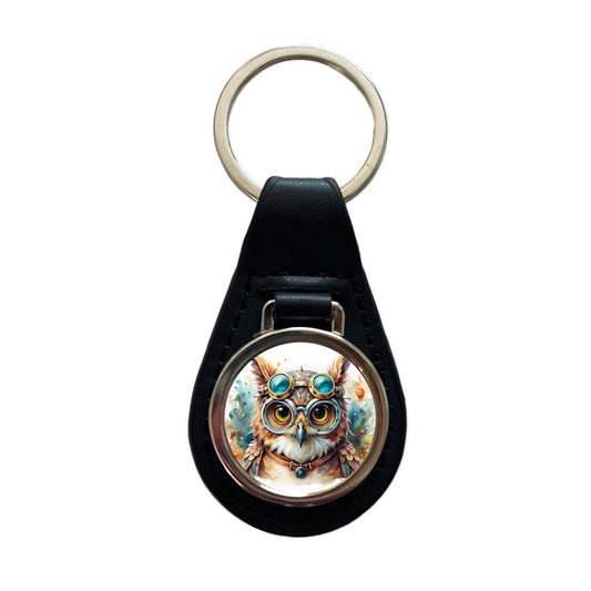 Steampunk Owl With Goggles Fantasy Sci-fi Watercolor Black Leather Metal Keychain
