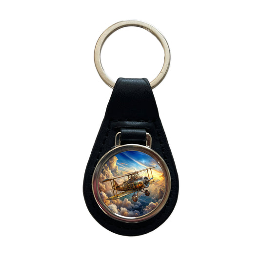Steampunk Plane Airship in Cloudy Sky Fantasy Sci-fi Black Leather Metal Keychain