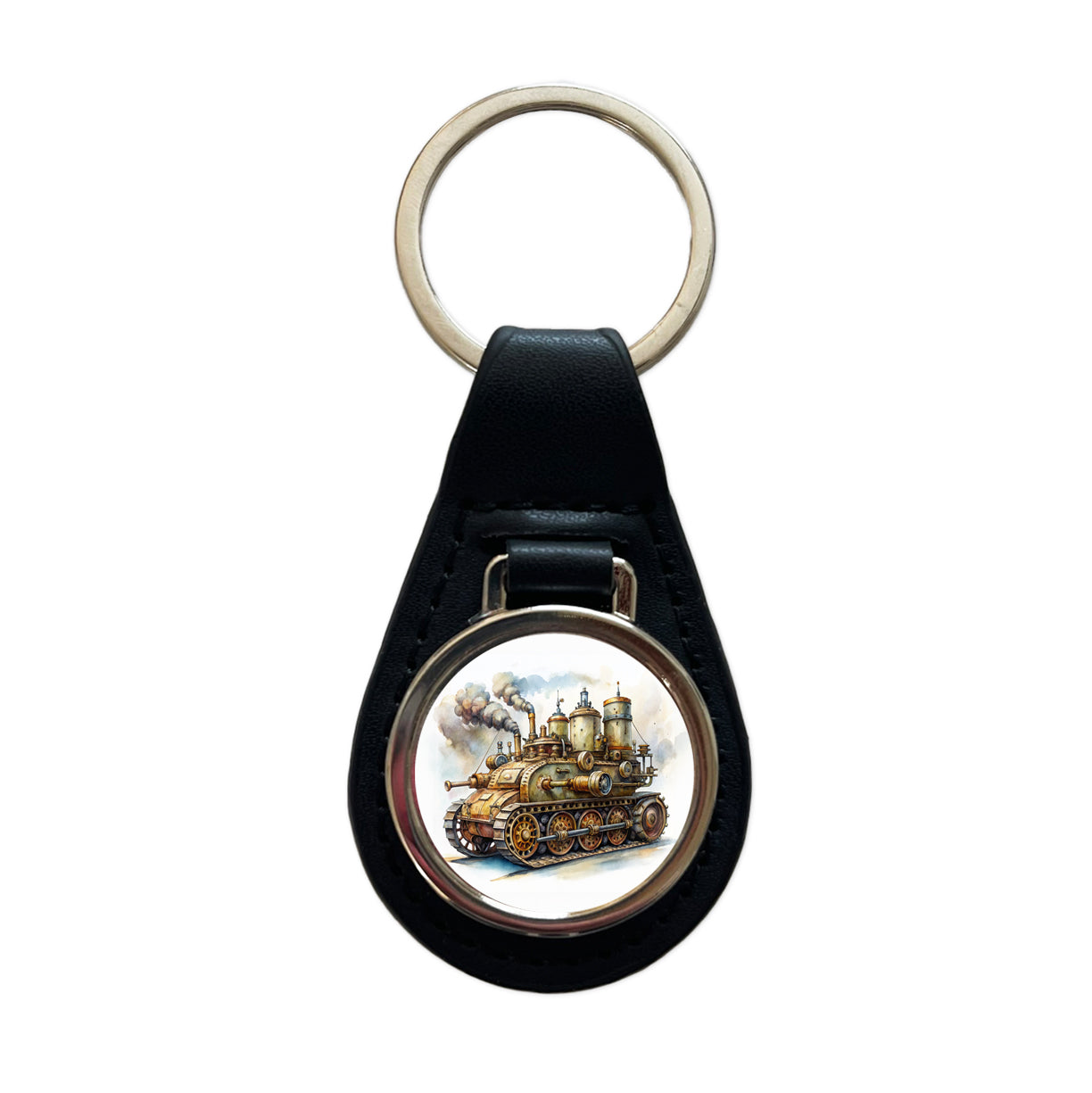 Steampunk Steam Engine Tank Fantasy Sci-fi Black Leather Metal Keychain