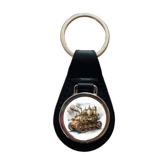 Steampunk Steam Engine Tank Fantasy Sci-fi Black Leather Metal Keychain