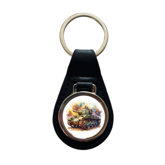 Steampunk Tank Fantasy Sci-fi Watercolor Black Leather Metal Keychain