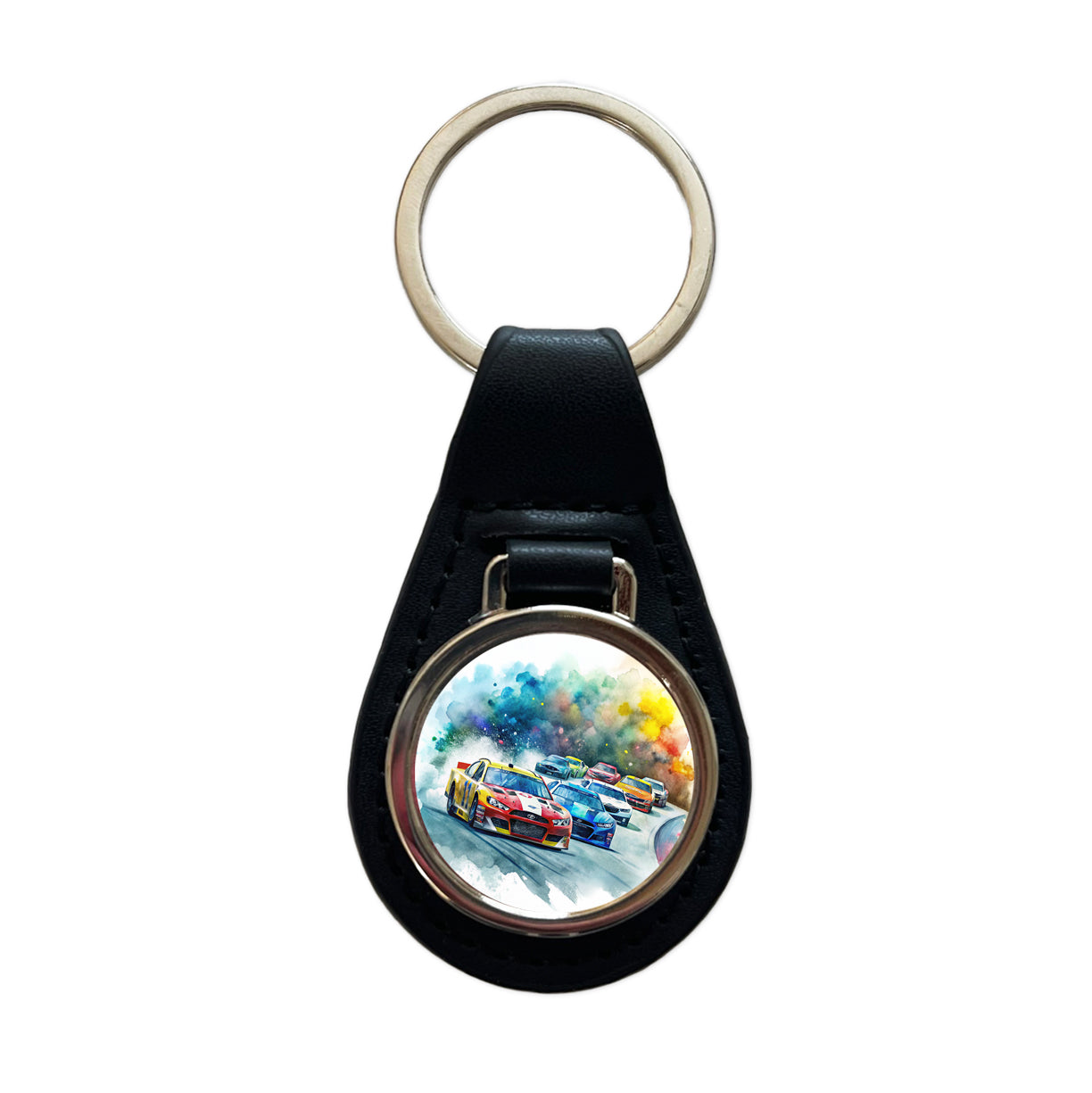 Stock Car Racing Watercolor Black Leather Metal Keychain