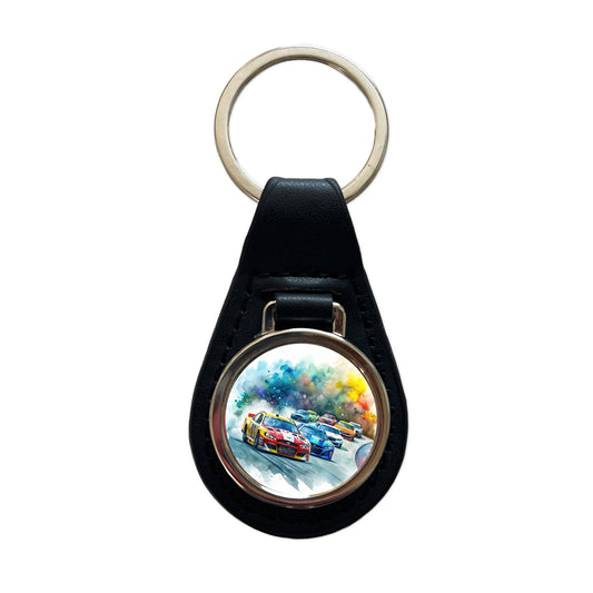 Stock Car Racing Watercolor Black Leather Metal Keychain