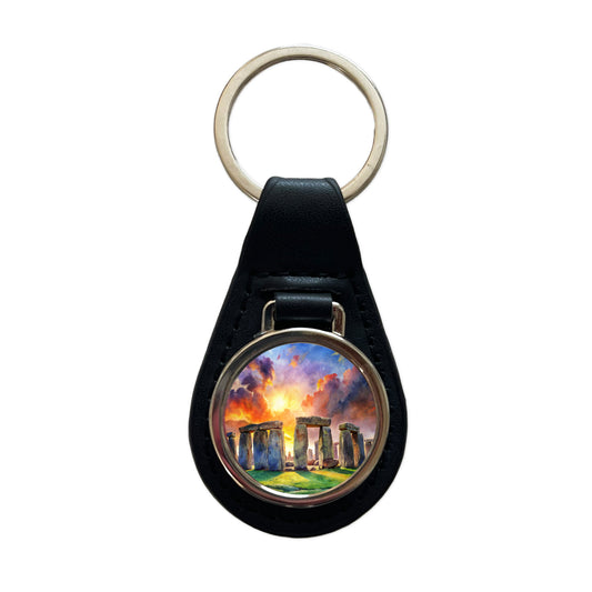Stonehenge England At Dusk Watercolor Black Leather Metal Keychain