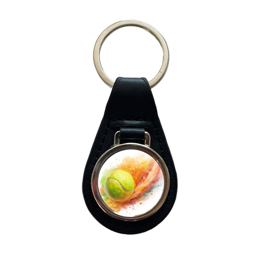 Tennis Ball Rocketing Through The Air Watercolor Black Leather Metal Keychain