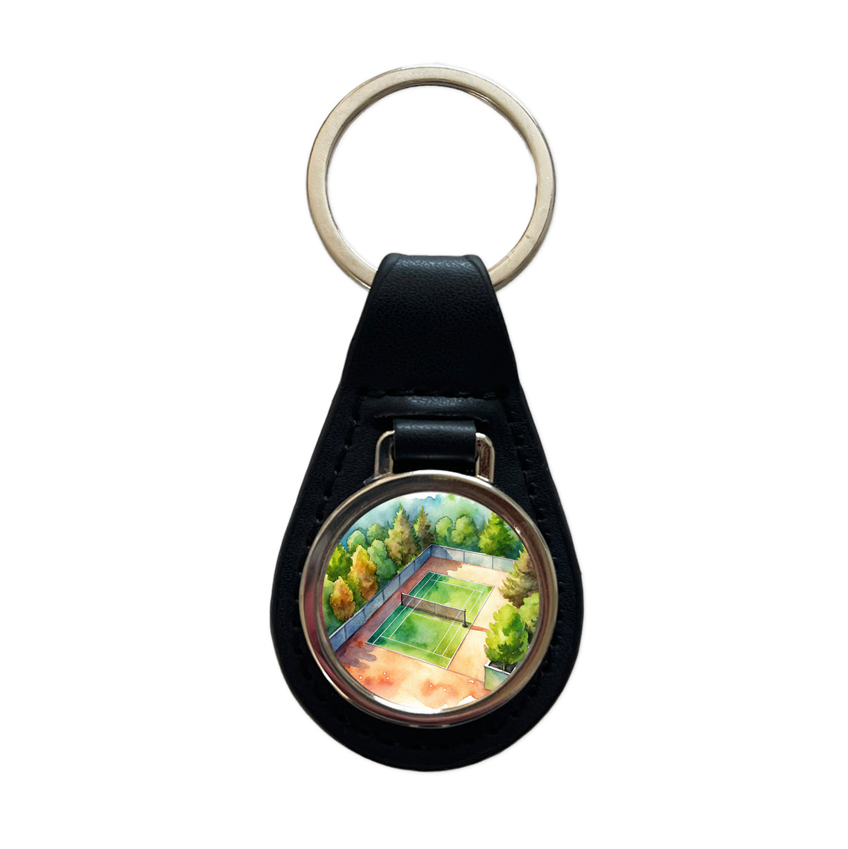 Tennis Court Watercolor Black Leather Metal Keychain