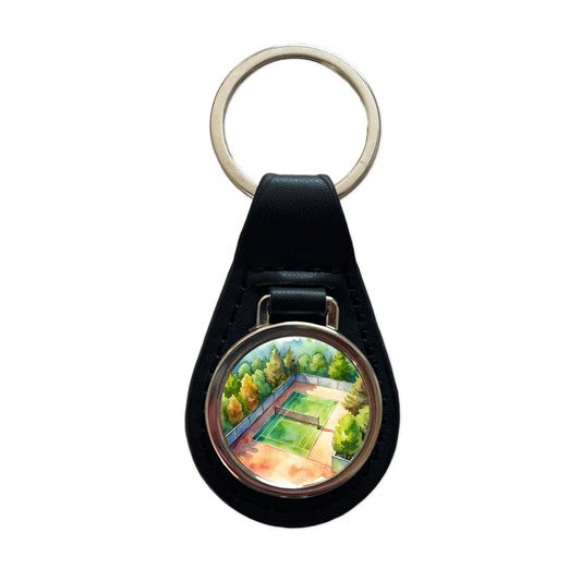 Tennis Court Watercolor Black Leather Metal Keychain