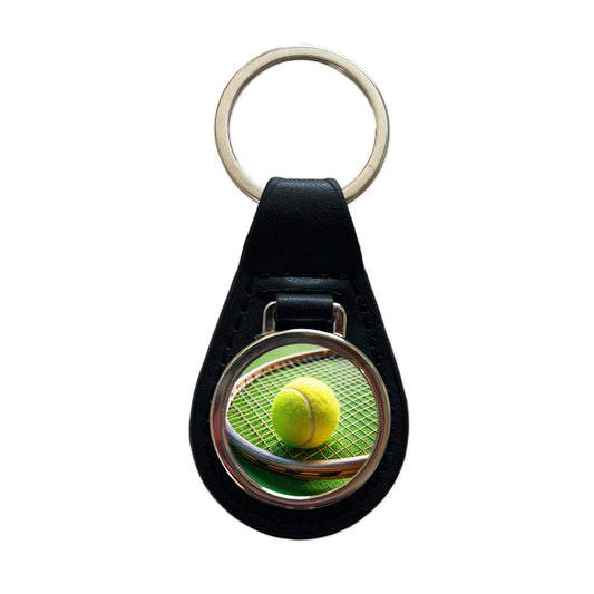 Tennis Racquet and Ball Close-up Black Leather Metal Keychain