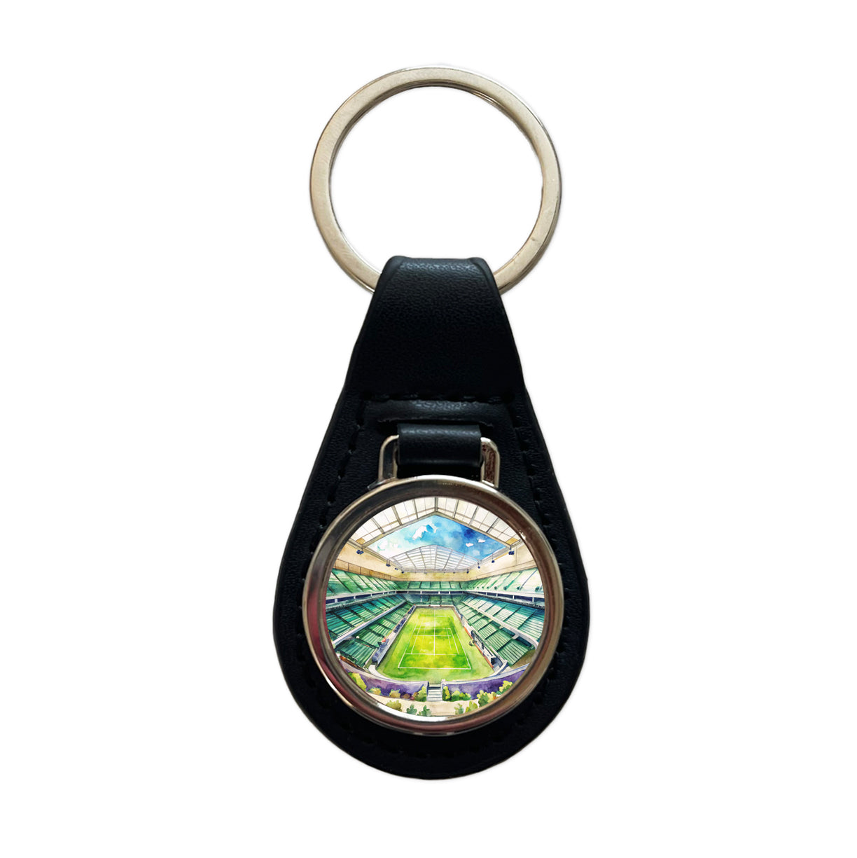 Tennis Stadium Center Court Watercolor Black Leather Metal Keychain