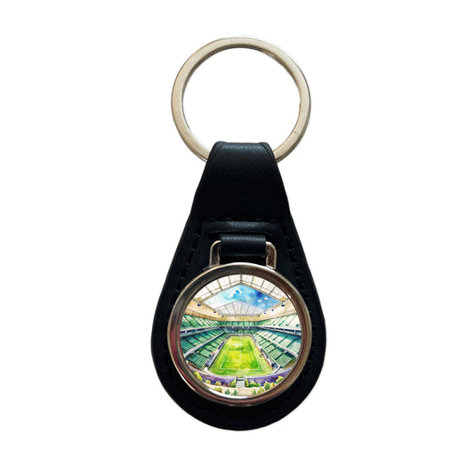 Tennis Stadium Center Court Watercolor Black Leather Metal Keychain