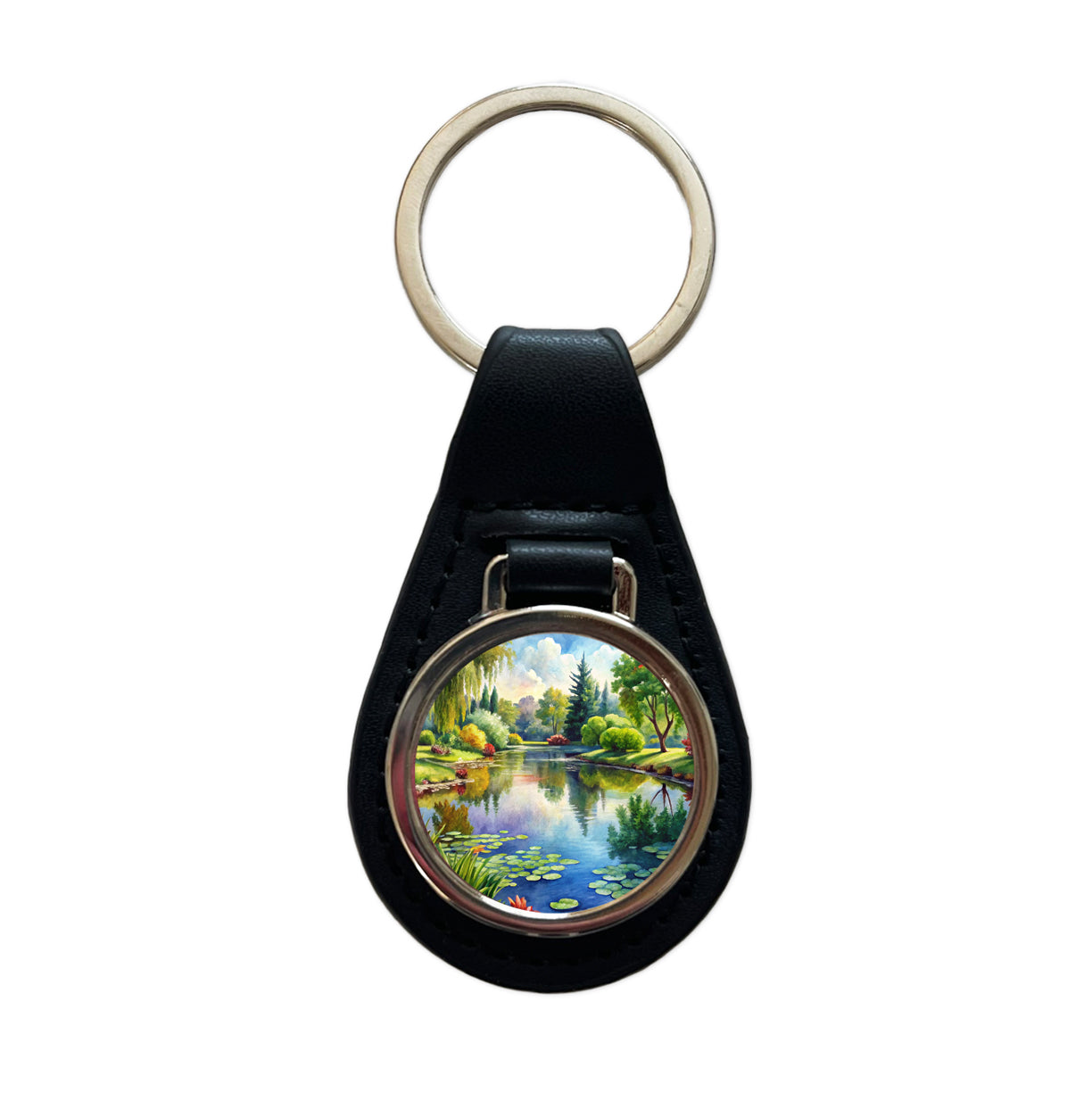 Tranquil Pond Scene Watercolor Black Leather Metal Keychain