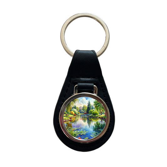 Tranquil Pond Scene Watercolor Black Leather Metal Keychain