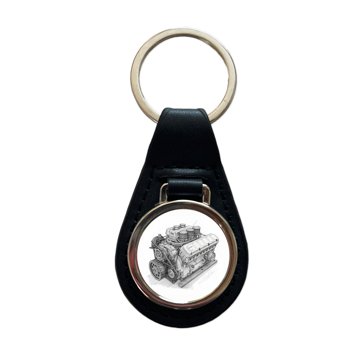 V8 Car Engine Sketch Black Leather Metal Keychain
