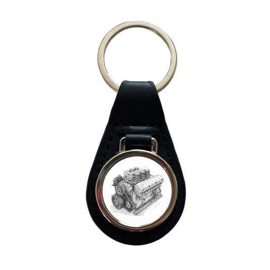 V8 Car Engine Sketch Black Leather Metal Keychain