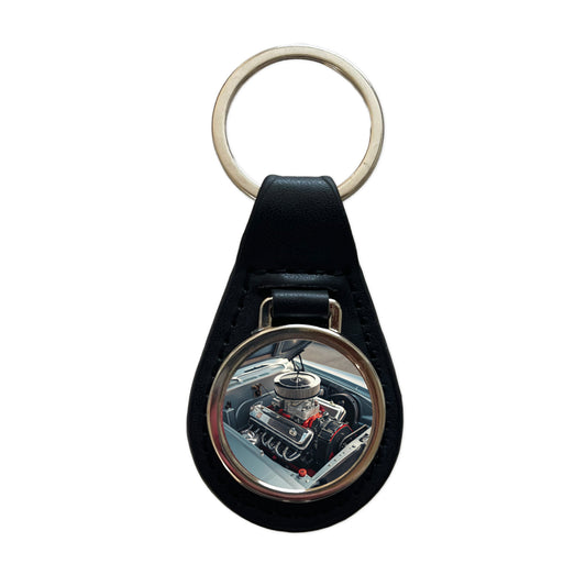 V8 Engine In Classic Muscle Car Black Leather Metal Keychain